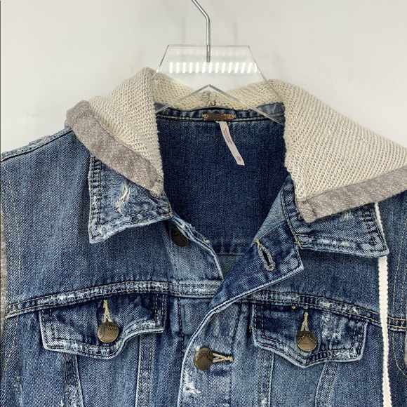 Free People Jean denim jacket hoodie gray blue distressed trucker combo coat XS - Picture 3 of 5